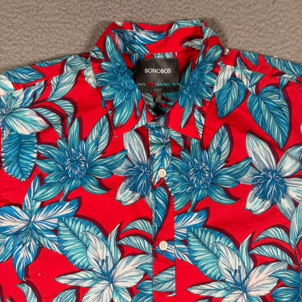 Bonobos Shirt Mens Large Red Floral Slim Fit Button Up Casual Preppy 100% Cotton